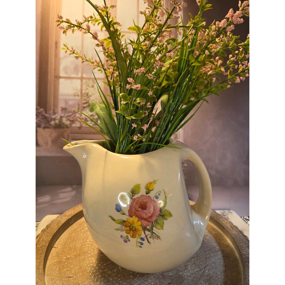 Vintage Floral water jug Cream Color USA Ceramic Rose Flower Decor Farmhouse - Picture 11 of 13